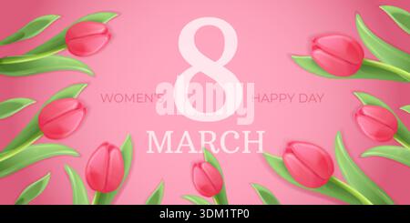 Tulpenbanner vom 8. März. 3D Karikatur rosa Tulpe mit Stängelblättern, frischen Frühlingsblumen Blumenstrauß 8. Internationale glückliche Frauen Tag Poster floraler Gruß Hintergrund Vektor Illustration Original Kunstwerk Stock Vektor