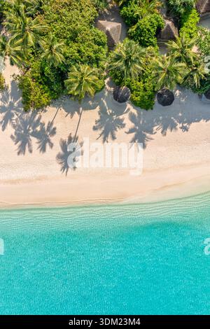 Traumhafte Malediven Luftpalmen Strand verschiedene Ernte von oben atemberaubende Paradies Insel Küstenziel türkisfarbenes Meer Küste vertikale Tapete Stockfoto