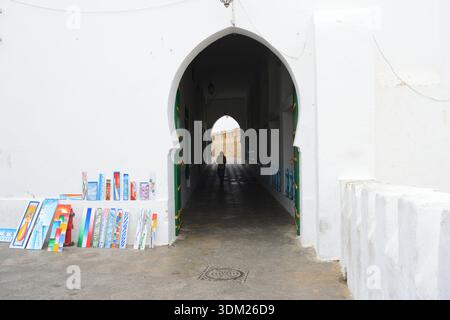 Ein traditioneller maurischer weißer Bogengang, der in eine dunkle Tunnelstraße in einer alten Medina führt, mit lokalen Kunstgemälden am Eingang und einem Stockfoto