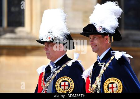 File photo dated 18/06/18 of Andrew Mountbatten-Windsor (then the Duke of York) (left) and the Duke of Edinburgh (then the Earl of Wessex) arrive for the annual Order of the Garter Service at St George's Chapel, Windsor Castle. The Duke of Edinburgh has said it is important to "remember the victims" in the first public comments by a senior royal since millions more pages of documents related to paedophile financier Jeffrey Epstein were released. Issue date: Tuesday February 03, 2026. Stockfoto