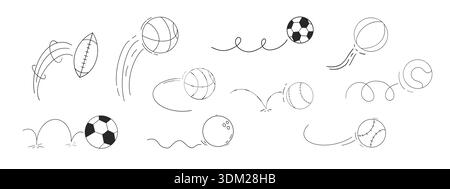 Bounced Ball Comic Manga-Effekt, Doodle Line Hand gezeichnete Ballsprungbahn, Ballbewegungsausdruck. Skizzenbewegung. Vektorabbildung Stock Vektor