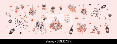 Set aus handgezeichneter Kritzelskizze Girly Junggesellinnen, Geburtstag, Neujahr, Hochzeit, Valentinstag Disco parti grafische Designelemente. Cocktailturm wi Stock Vektor