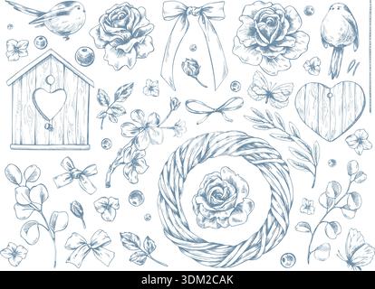 Eine Reihe von handgezeichneten Frühlingsillustrationen Vögel, Blumen, Rosen, Bögen, einen Kranz, ein hölzernes Herz und ein Vogelhaus. Schwarzweiß-Grafiken in handgezeichneter Form Stock Vektor