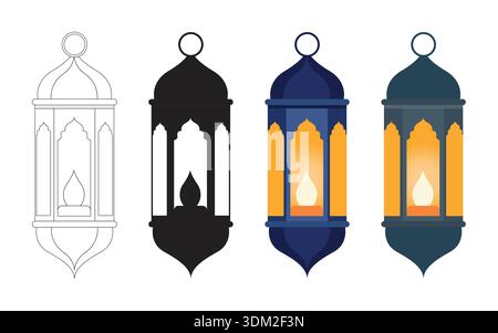 Islamische Laterne Vektor-Set mit Ramadan Fanous in Line Art, Silhouette und bunten flachen Stilen Stock Vektor