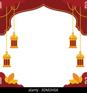 Hintergrund mit rotem islamischem Motiv in minimalistischem Stil und Kopierraum für Text, hängende Laternen und gelbe Blätter. Stock Vektor