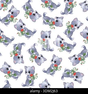 Ein nahtloses Muster süßer grauer Kätzchen mit Blumen. Ein sanftes Aquarell, handgezeichnete Kinderillustration. Perfekt für Stoff und Tapeten Stockfoto