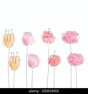 Handgezeichnete Blumenillustration mit Frühlingsblüten und botanischen Elementen in sanftem Aquarellstil. . Stockfoto
