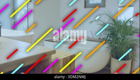 Mit freistehender, ovaler, weißer Badewanne, die rechts im Badezimmer sitzt, mit Topfpalme und Kosmetikbereich Stockfoto