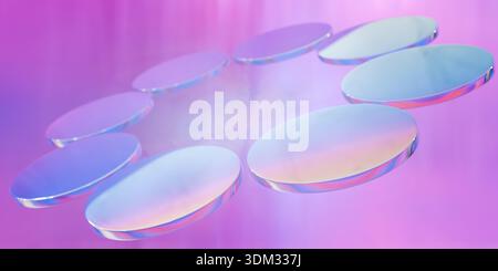 Ein Satz transparenter Glasscheiben, die in einem Kreis angeordnet sind und vor einem weichen violetten Hintergrund schwebt. 3D-Rendering Stockfoto