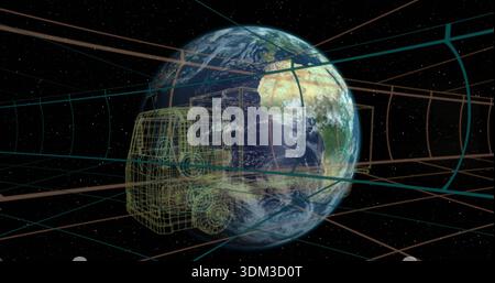 Der rotierende Planet Erde zeigt einen durchsichtigen Drahtmodell-Truck im Weltraum, mit gekrümmtem Gittertunnel Stockfoto