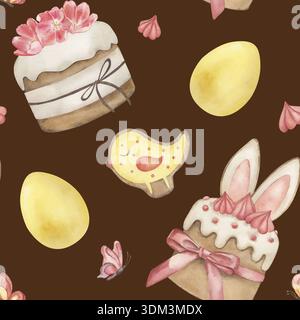 Nahtloses Osteraquarell-Muster auf braunem Hintergrund mit handgezeichneten Kuchen, gelben Eiern und Hasenohren im botanischen Stil. Festlicher Frühling Stockfoto