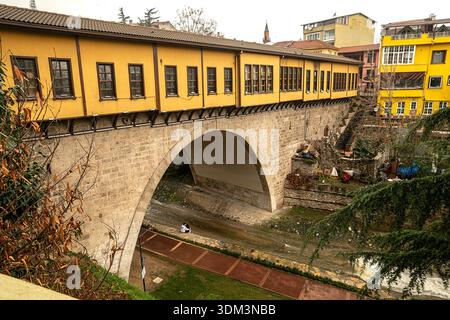 Die Basar Bridge befindet sich in Bursa. Sie wurde 1442 von Hacı Muslihiddin, dem Sohn von Irgandılı Ali, erbaut. Sie ist eine von nur vier Brücken dieses Typs Stockfoto