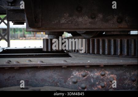 Detail des massiven, verrosteten Getriebes für die Schwenk-/Schwenkfunktion der historischen Bucyrus-Dampfschaufel, einer kolossalen Bergbaumaschine aus dem Jahr 1922. Stockfoto