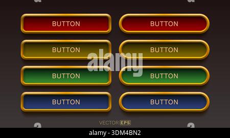Glänzende UI-Tasten mit goldenen Rahmen. Ein lebendiges Set an Webelementen für modernes Design. Vektorabbildung. Stock Vektor