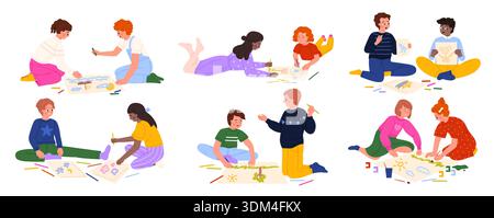 Glückliche Kinder malen auf dem Boden, zeichnen Bilder mit Bleistiften und Markierungen, Gruppe Kinder Kunstkurs, Teamwork Kreativität und Lernen, Kinder Malerei Set isoliert auf weißem Hintergrund Vektor Illustration Stock Vektor