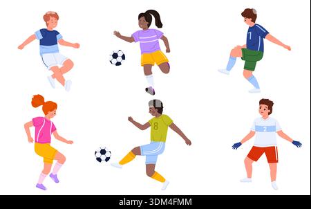 Kinder-Fußballspieler in bunten Uniformen, die Fußballbälle treten, verschiedene Jungen und Mädchen trainieren, laufen und üben Mannschaftssport, isoliert auf weißem Hintergrund Vektor-Illustration Stock Vektor