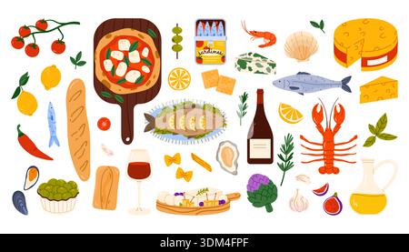 Handgezeichnete mediterrane Speisen mit Pizzas, Meeresfrüchten, Gemüse und Wein. Traditionelle italienische und griechische Küche Elemente isoliert auf weißem Hintergrund Vektor Illustration Stock Vektor