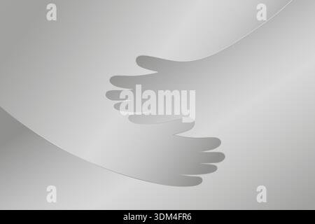 Abstrakter Hintergrund aus Silber platina mit weichen, sich umschließenden Handformen, minimales metallisches Umarmungskonzept für Pflege, Unterstützung, Einheit, Mitgefühl, Wohltätigkeit, psychische Gesundheit, Freundschaftsvektor-Illustration Stock Vektor