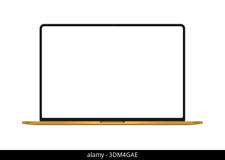 Modernes schlankes, goldenes Notebook mit leerem weißen Bildschirm für Mockup, Webdesign, App-Präsentation, Vorschau der Benutzeroberfläche, Technologie-Branding, isoliert auf weißem Hintergrund Vektorillustration Stock Vektor