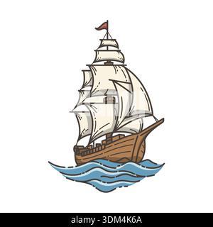 Ein illustriertes altes Segelschiff mit vollen Segeln fährt ruhig auf stilisierten blauen Meereswellen, perfekt für maritime oder abenteuerliche Themen Stock Vektor
