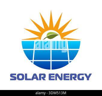 Sonnenenergie-Technologie Symbol der Sonne und des grünen Blattes, Vektoremblem. Sonnenenergie- und Photovoltaik-Technologie-Zeichen des Solarmoduls für alternative Energien oder erneuerbare elektrische Technologie-Firmenzeichen Stock Vektor