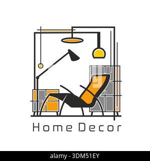 Wohnkultur Ikone des Innenarchitektur Studios und Möbelgeschäft Vektor Emblem. Wohnzimmereinrichtung mit Wohnzimmermöbeln, Sessel mit Kleiderschrank und Lampen für Beleuchtungsgeräte Salon Stock Vektor