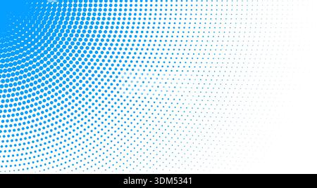 Abstraktes leuchtendes blaues Halbtonmuster auf weißem Hintergrund mit radialem Verlaufseffekt Stock Vektor
