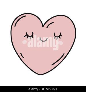 Niedliche rosa Herzfigur mit lächelndem Gesicht und geschlossenen Augen zum Valentinstag Stock Vektor