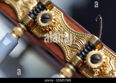 Makroaufnahme eines klassischen Gitarrenstimmers, der das Detail der Gravur und das Detail einer Nylon-Gitarrensaite zeigt Stockfoto