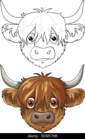 Zeichentrickfilm Highland Kuhkopf Vektor Illustration in voller Farbe und schwarz-weiß Umrissversionen. Stock Vektor