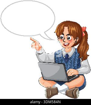 Der Schüler sitzt im Querschenkel und zeigt mit dem Laptop auf eine leere Sprechblase zum Kopieren Stock Vektor