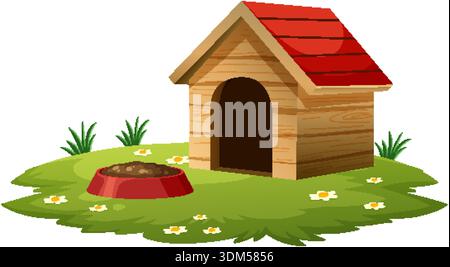 Cartoon Vektor Doghouse, rotes Dach, Futterschüssel, grünes Gras, Blumen, flache Illustrationsart Stock Vektor
