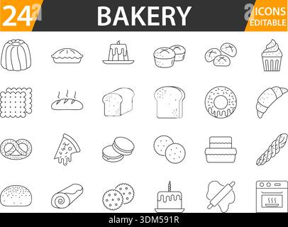 Symbolsatz für Bäckereilinien mit bearbeitbaren Strichen. Stock Vektor