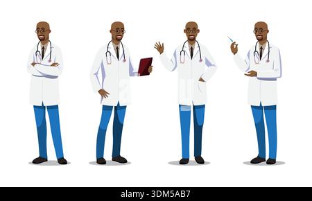 Professioneller afroamerikanischer männlicher Arzt mit Brille. Realistischer flacher Vektor in verschiedenen Posen wie Halten von Tablette, Spritze und Winken. Ideal für Stock Vektor