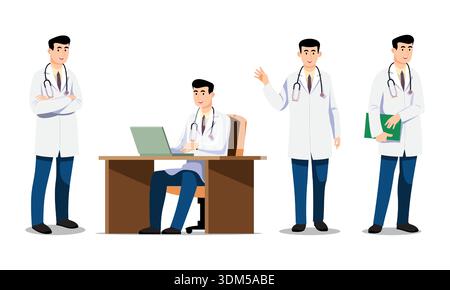 Professionelles asiatisches Doktor-Charakterset. Flache Vektor-Illustration, die den Doktor zeigt, der an einem Schreibtisch mit einem Laptop und verschiedenen Standpositionen arbeitet. Gre Stock Vektor