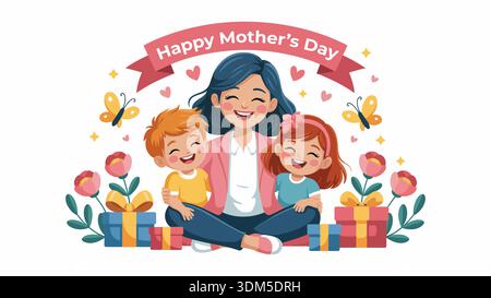 Illustration zum glücklichen Muttertag der lächelnden Mutter, die mit Kindern sitzt, umgeben von Blumen Geschenken und Herzen für Familienfeiern und Grußworte Stock Vektor