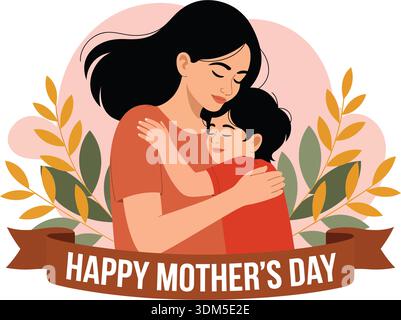 Illustration zum Happy Mother's Day, in der die liebevolle Mutter das Kind umarmt, mit Blumenelementen und Bandbanner für Familienfeiern und Begrüßungsdesigns Stock Vektor