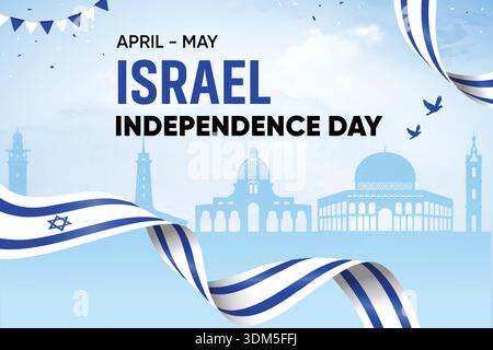 Die Israelische Flagge Winkt Auf Dem Hintergrund Der Skyline. Unabhängigkeitstag Konzept Design Vektor Illustration. Stock Vektor