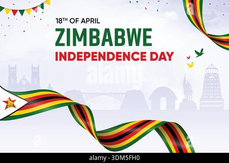 Simbabwe Flagge Winkt Auf Skyline Hintergrund. Unabhängigkeitstag Konzept Design Vektor Illustration. Stock Vektor