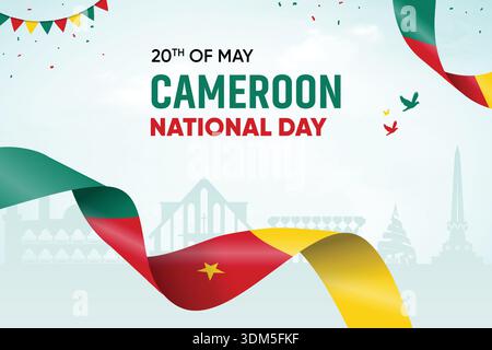 Kameruner Flagge Winkt Auf Skyline Hintergrund. National Day Concept Design Vektor-Illustration. Stock Vektor