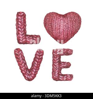 Rot gestrickte Liebesinschrift mit Herz statt Buchstabe o. Symbol für Liebe und Pflege. Zeichnung mit Buntstiften und Aquarellen zum Valentinstag Stockfoto