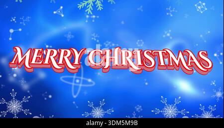 Mit großem 3D-Text „MERRY CHRISTMAS“ auf digitalem Banner mit Schneeflocken und Glitzern Stockfoto