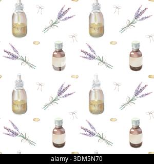 Nahtloses Muster, Lavendel, Glasflaschen mit ätherischem Öl, Tropfen, Aquarellabbildungen von Heilkräutern isoliert auf weiß, handgezeichnet für Druck Stockfoto