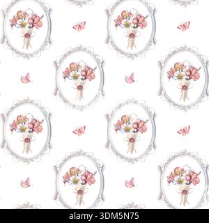 Nahtloses Muster, Vintage-Rahmen, Chrysantheme, Alstroemeria, Schmetterlinge. Handgemalte Aquarellillustration isoliert auf weiß für Textilien Stockfoto