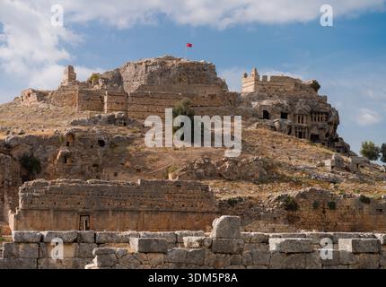 Die Antike Stadt Tlos. Wichtiges Siedlungsgebiet der historischen lykischen Stadt. Fethiye, Provinz Mugla, Türkiye Stockfoto