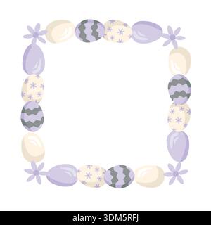 Ein quadratischer Rahmen mit lila Ostereiern und Blumen. Vektorillustration von Ostereiern mit geometrischem und floralem Muster. Perfekt für Drucke, Invita Stock Vektor