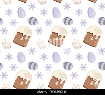 Nahtloses Muster mit Osterelementen, dekorierten Eiern, traditionellen Kuchen mit Glasur und lila Blumen auf weißem Hintergrund. Stock Vektor