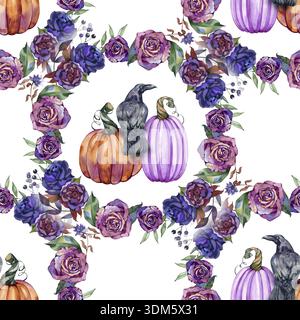 Nahtloses Aquarellmuster mit einem sich wiederholenden quadratischen Raster aus dunkelvioletten Rosenkränzen. Jeder Blumenrahmen umschließt einen schwarzen Raben zwischen A Stockfoto