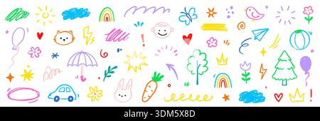 Kind niedliches Baby-Kinderelement-Set. Niedliche Kinderschule Kritzelskizze Regenbogen, Sonne, Wolkenhintergrund. Kinder Vorschulkinder Zeichentricksymbole mit glücklichem Gesicht, Haus, Baum, Vogel und Herz. Vektorabbildung Stock Vektor