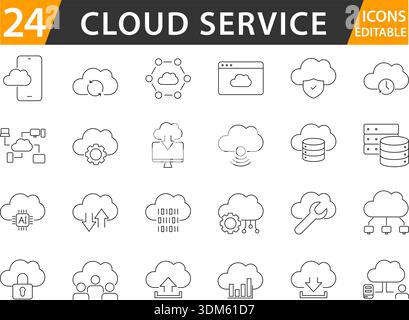 Symbolgruppe der Cloud-Service-Zeile mit bearbeitbaren Konturen. Stock Vektor